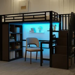 ModernLuxe Lit mezzanine 90x200cm - structure en fer - bureau - rangements - LED - escalier - noir (matelas non inclus)