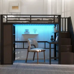 ModernLuxe Lit mezzanine 90x200cm - structure en fer - bureau - rangements - LED - escalier - noir (matelas non inclus)
