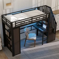 ModernLuxe Lit mezzanine 90x200cm - structure en fer - bureau - rangements - LED - escalier - noir (matelas non inclus)