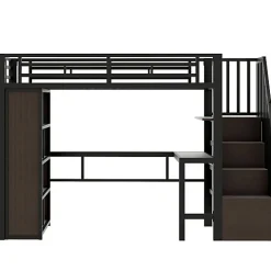ModernLuxe Lit mezzanine 90x200cm - structure en fer - bureau - rangements - LED - escalier - noir (matelas non inclus)