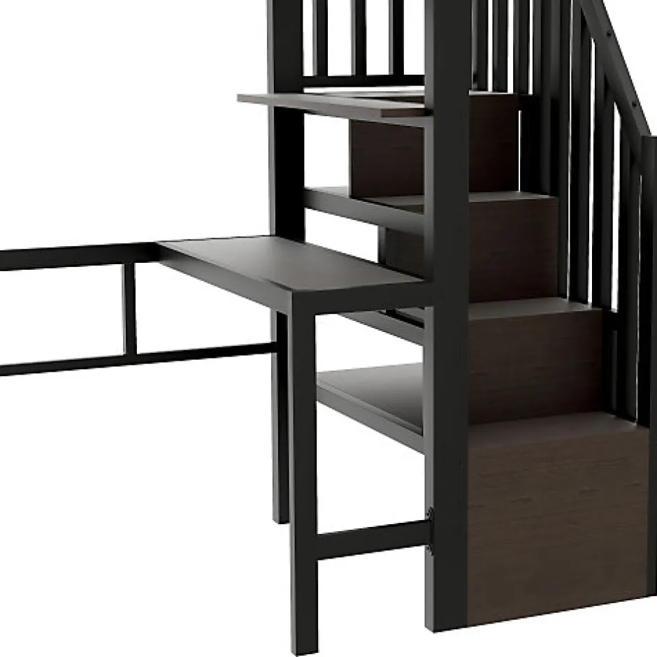 ModernLuxe Lit mezzanine 90x200cm - structure en fer - bureau - rangements - LED - escalier - noir (matelas non inclus)