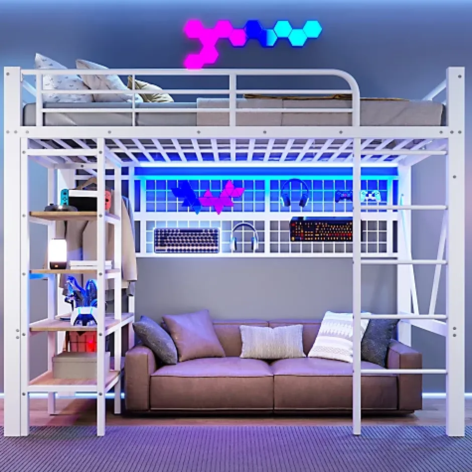 ModernLuxe Lit mezzanine 90x200cm - structure en fer - rangements - éclairage LED - blanc (matelas non inclus) Discount