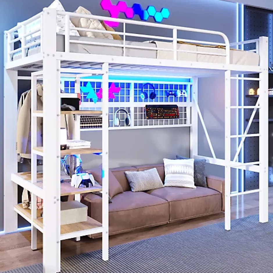 ModernLuxe Lit mezzanine 90x200cm - structure en fer - rangements - éclairage LED - blanc (matelas non inclus) Discount