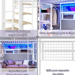 ModernLuxe Lit mezzanine 90x200cm - structure en fer - rangements - éclairage LED - blanc (matelas non inclus) Discount