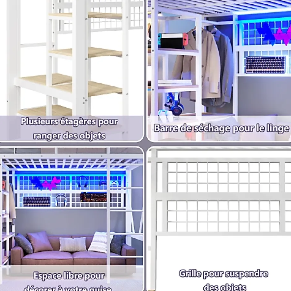 ModernLuxe Lit mezzanine 90x200cm - structure en fer - rangements - éclairage LED - blanc (matelas non inclus) Discount