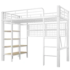 ModernLuxe Lit mezzanine 90x200cm - structure en fer - rangements - éclairage LED - blanc (matelas non inclus) Discount