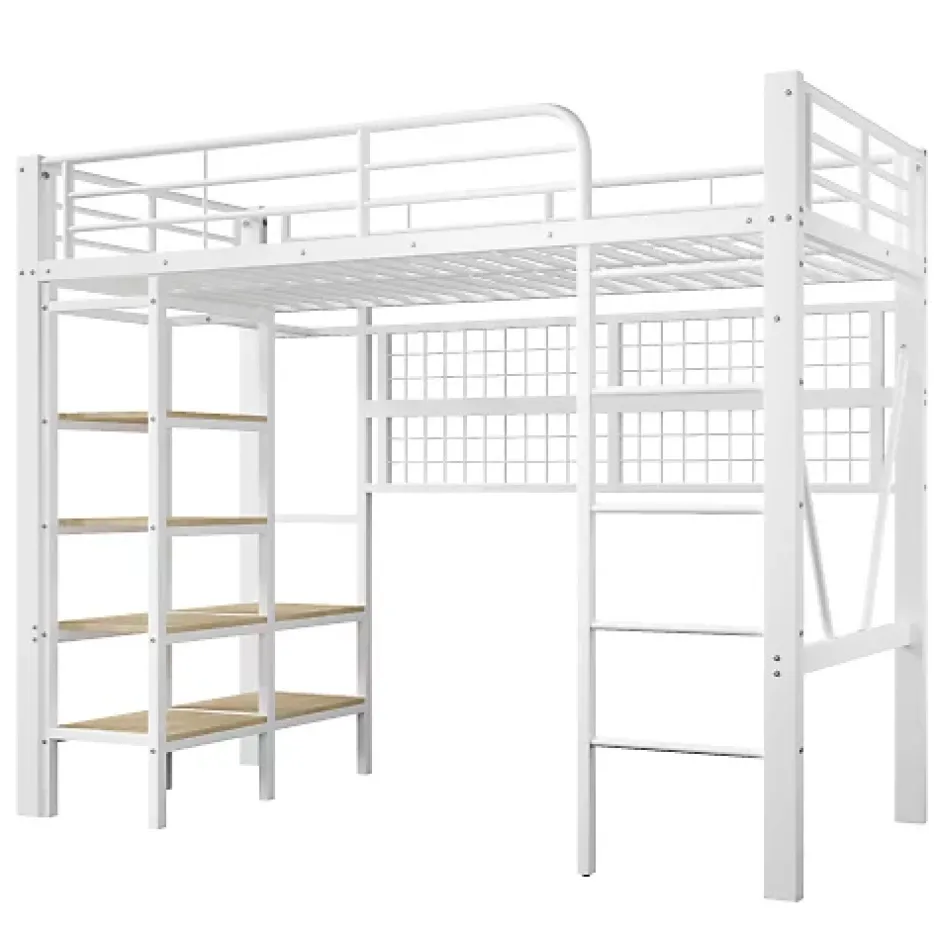 ModernLuxe Lit mezzanine 90x200cm - structure en fer - rangements - éclairage LED - blanc (matelas non inclus) Discount
