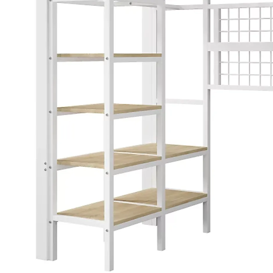 ModernLuxe Lit mezzanine 90x200cm - structure en fer - rangements - éclairage LED - blanc (matelas non inclus) Discount