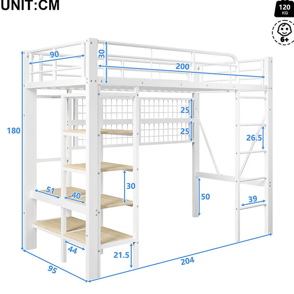 ModernLuxe Lit mezzanine 90x200cm - structure en fer - rangements - éclairage LED - blanc (matelas non inclus) Discount
