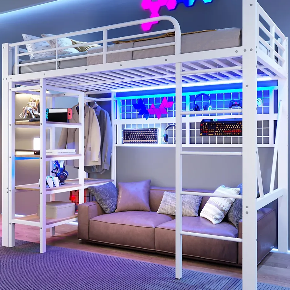ModernLuxe Lit mezzanine 90x200cm - structure en fer - rangements - éclairage LED - blanc (matelas non inclus) Discount