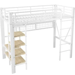ModernLuxe Lit mezzanine 90x200cm - structure en fer - rangements - éclairage LED - blanc (matelas non inclus) Discount
