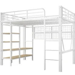 ModernLuxe Lit mezzanine 140x200cm - structure en fer - rangements - éclairage LED - blanc (matelas non inclus)
