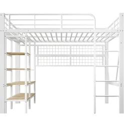 ModernLuxe Lit mezzanine 140x200cm - structure en fer - rangements - éclairage LED - blanc (matelas non inclus)