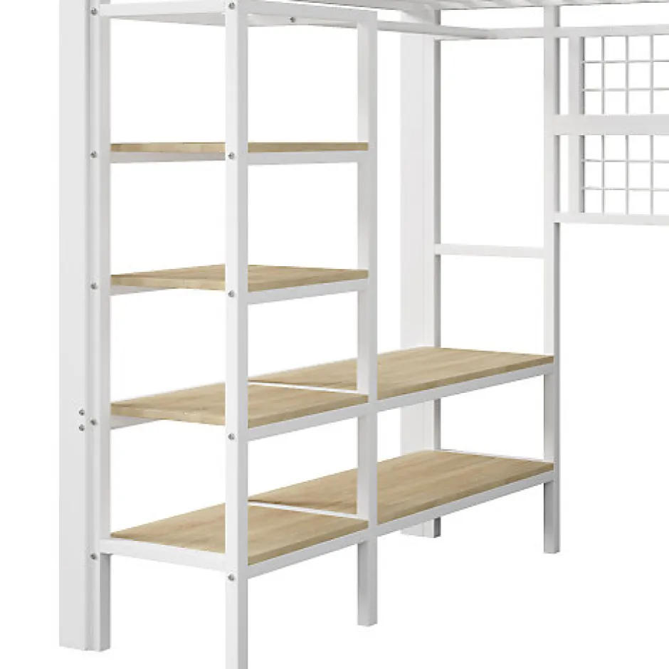 ModernLuxe Lit mezzanine 140x200cm - structure en fer - rangements - éclairage LED - blanc (matelas non inclus)