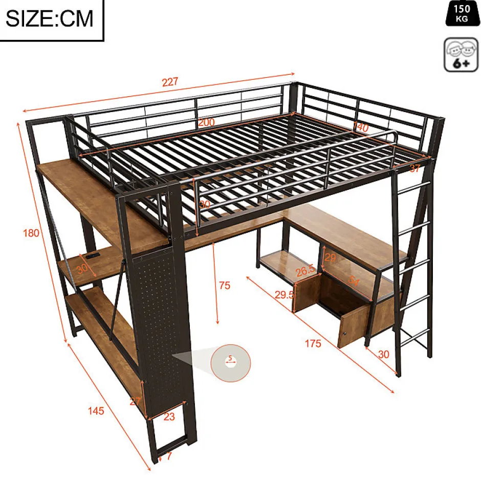 ModernLuxe Lit mezzanine 140x200cm - structure en fer - bureau avec étagère - LED - port USB - noir (matelas non inclus)