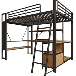 ModernLuxe Lit mezzanine 140x200cm - structure en fer - bureau avec étagère - LED - port USB - noir (matelas non inclus)