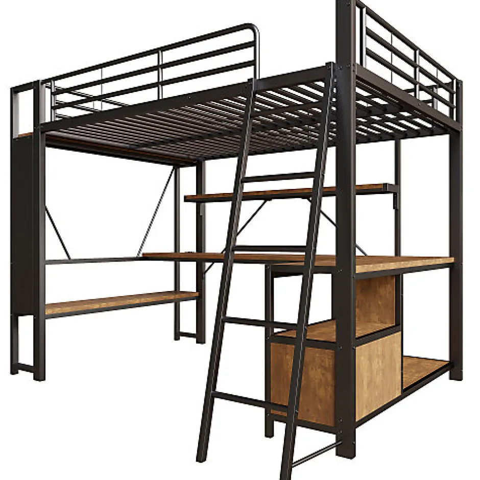 ModernLuxe Lit mezzanine 140x200cm - structure en fer - bureau avec étagère - LED - port USB - noir (matelas non inclus)