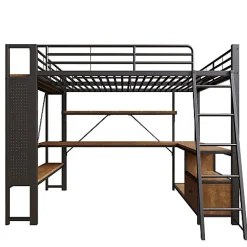 ModernLuxe Lit mezzanine 140x200cm - structure en fer - bureau avec étagère - LED - port USB - noir (matelas non inclus)