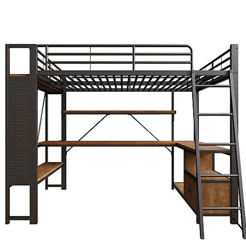ModernLuxe Lit mezzanine 140x200cm - structure en fer - bureau avec étagère - LED - port USB - noir (matelas non inclus)