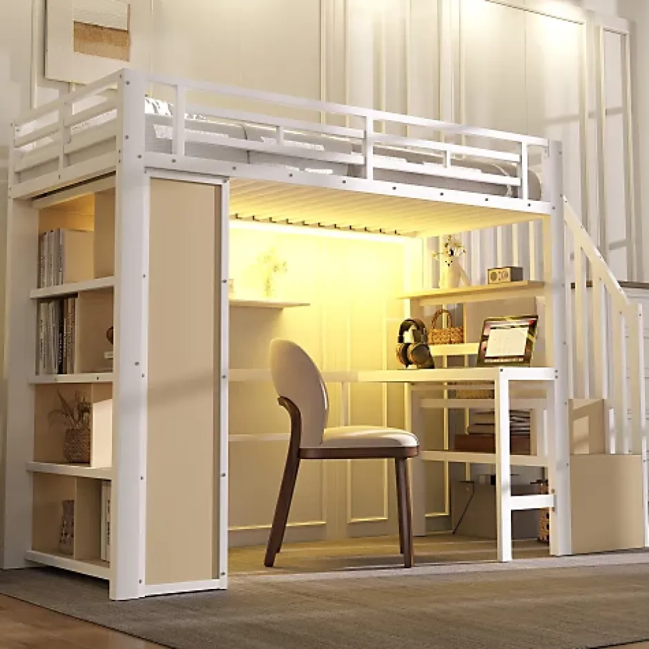 ModernLuxe Lit mezzanine 90x200cm - structure en fer - bureau - rangements - LED - escalier - blanc (matelas non inclus) Outlet