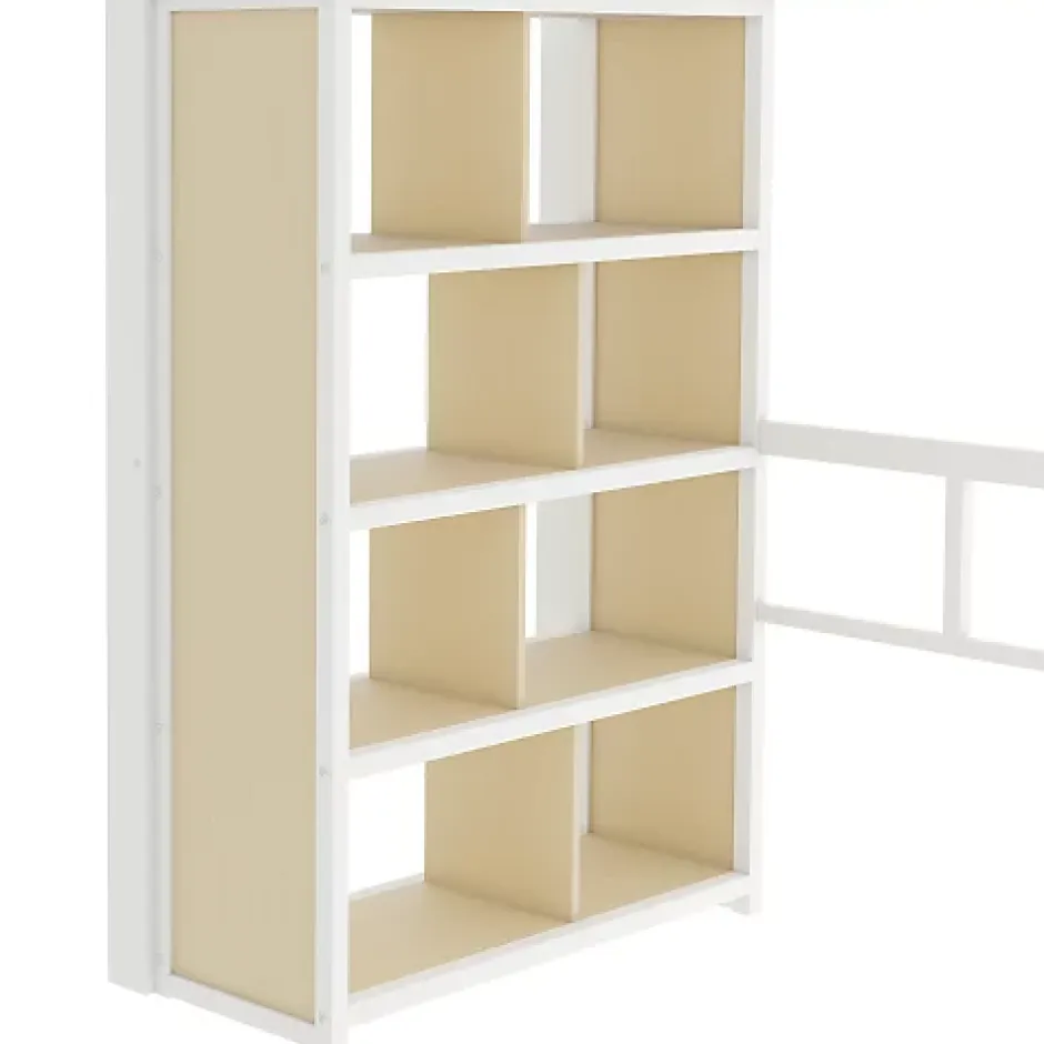 ModernLuxe Lit mezzanine 90x200cm - structure en fer - bureau - rangements - LED - escalier - blanc (matelas non inclus) Outlet