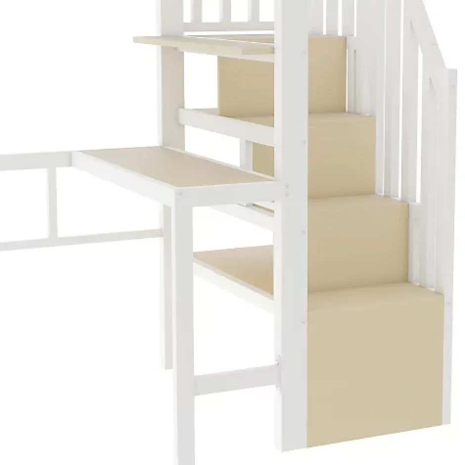 ModernLuxe Lit mezzanine 90x200cm - structure en fer - bureau - rangements - LED - escalier - blanc (matelas non inclus) Outlet