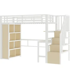 ModernLuxe Lit mezzanine 90x200cm - structure en fer - bureau - rangements - LED - escalier - blanc (matelas non inclus) Outlet