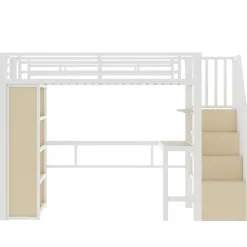 ModernLuxe Lit mezzanine 90x200cm - structure en fer - bureau - rangements - LED - escalier - blanc (matelas non inclus) Outlet