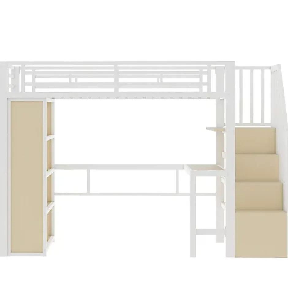 ModernLuxe Lit mezzanine 90x200cm - structure en fer - bureau - rangements - LED - escalier - blanc (matelas non inclus) Outlet