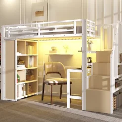 ModernLuxe Lit mezzanine 90x200cm - structure en fer - bureau - rangements - LED - escalier - blanc (matelas non inclus) Outlet