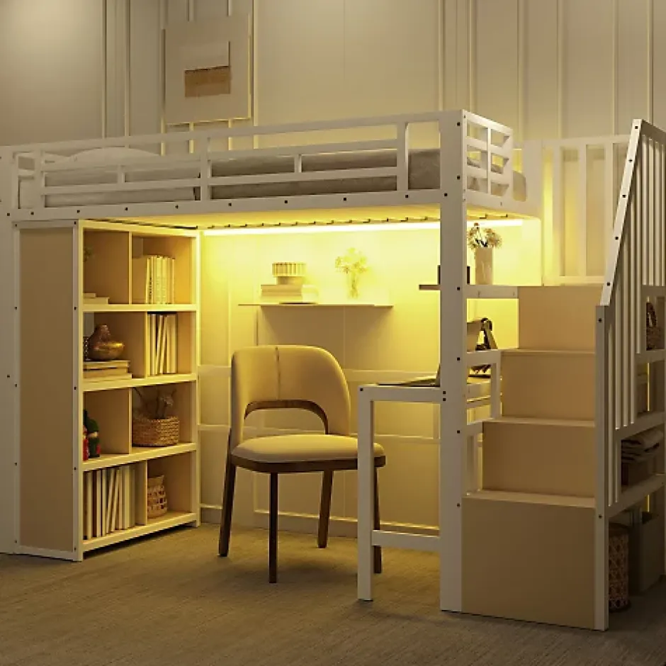 ModernLuxe Lit mezzanine 90x200cm - structure en fer - bureau - rangements - LED - escalier - blanc (matelas non inclus) Outlet