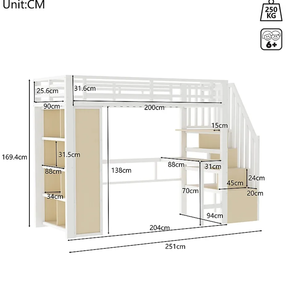 ModernLuxe Lit mezzanine 90x200cm - structure en fer - bureau - rangements - LED - escalier - blanc (matelas non inclus) Outlet