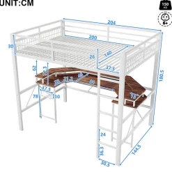 ModernLuxe Lit mezzanine 140x200cm - structure en fer - bureau intégré - LED - USB et prise - blanc (matelas non inclus)