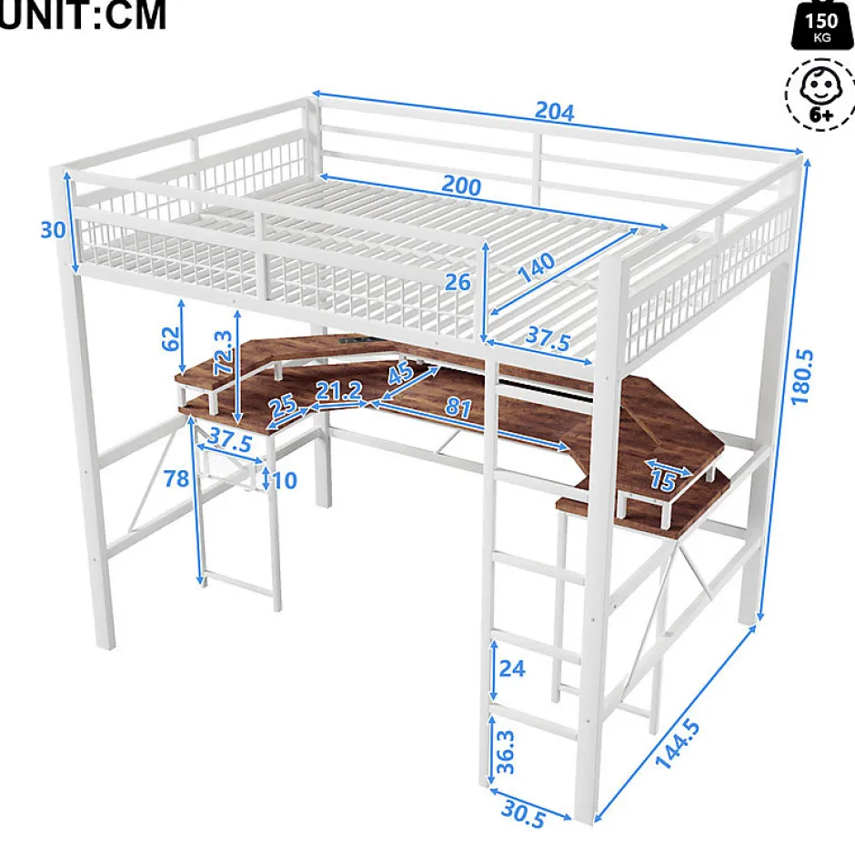 ModernLuxe Lit mezzanine 140x200cm - structure en fer - bureau intégré - LED - USB et prise - blanc (matelas non inclus)