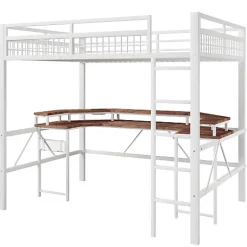 ModernLuxe Lit mezzanine 140x200cm - structure en fer - bureau intégré - LED - USB et prise - blanc (matelas non inclus)