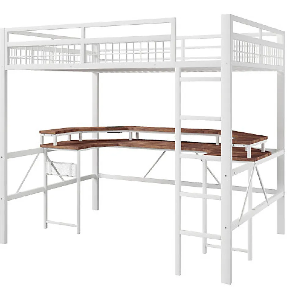 ModernLuxe Lit mezzanine 140x200cm - structure en fer - bureau intégré - LED - USB et prise - blanc (matelas non inclus)