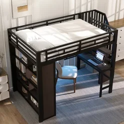 ModernLuxe Lit mezzanine 140x200cm - structure en fer - bureau - rangements - LED - escalier - noir (matelas non inclus) Sale