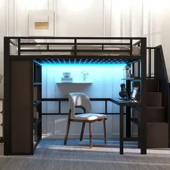 ModernLuxe Lit mezzanine 140x200cm - structure en fer - bureau - rangements - LED - escalier - noir (matelas non inclus) Sale