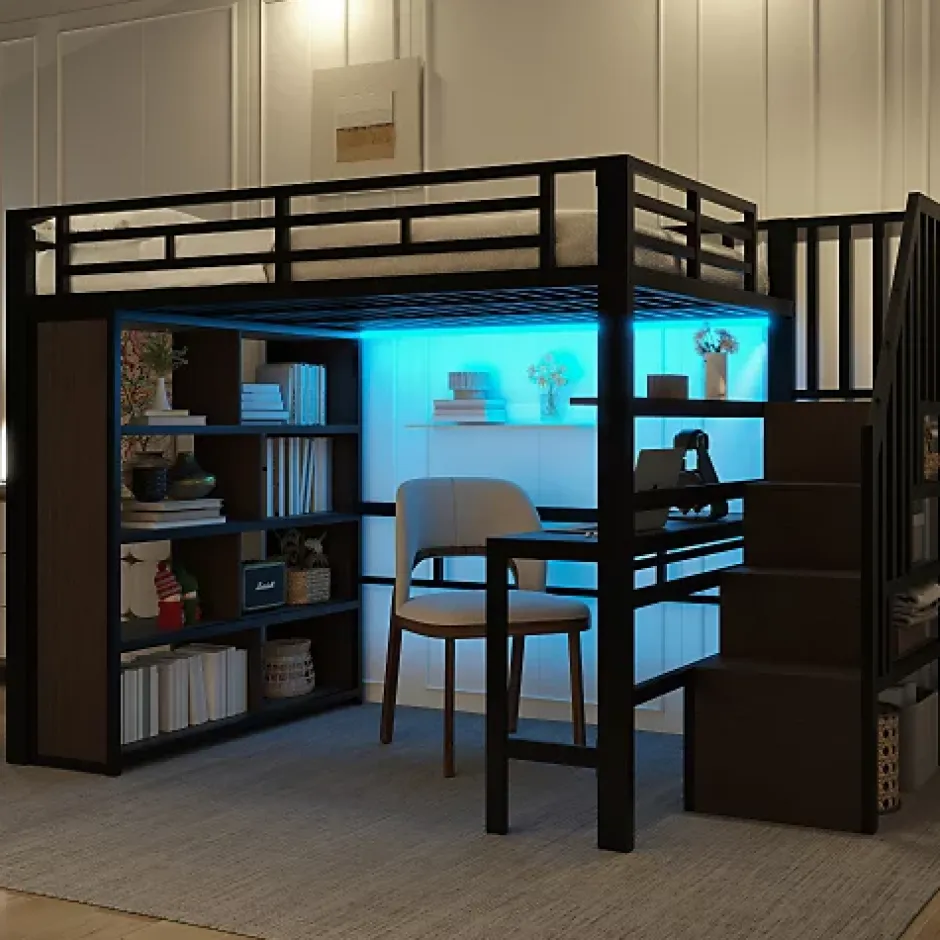 ModernLuxe Lit mezzanine 140x200cm - structure en fer - bureau - rangements - LED - escalier - noir (matelas non inclus) Sale