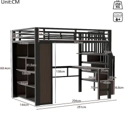 ModernLuxe Lit mezzanine 140x200cm - structure en fer - bureau - rangements - LED - escalier - noir (matelas non inclus) Sale