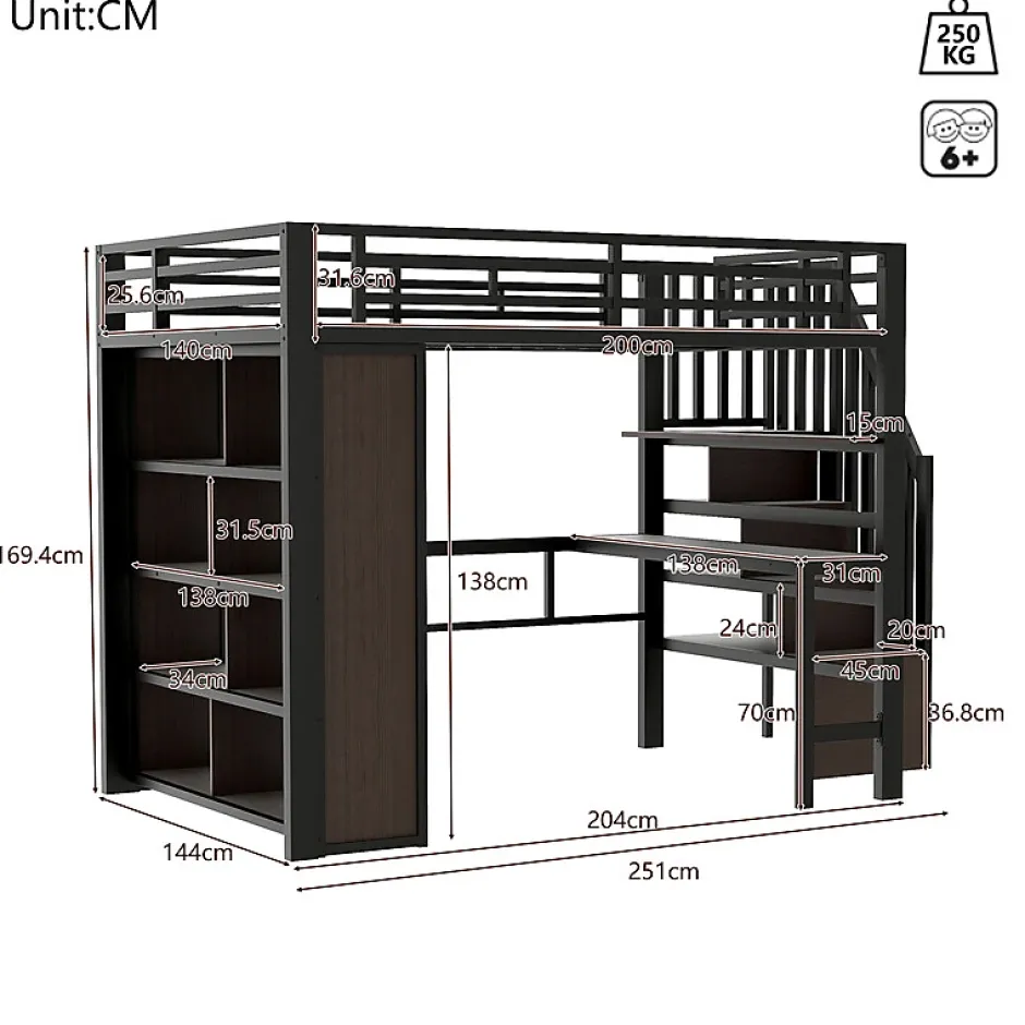 ModernLuxe Lit mezzanine 140x200cm - structure en fer - bureau - rangements - LED - escalier - noir (matelas non inclus) Sale