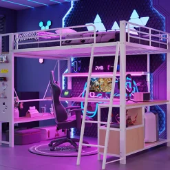 ModernLuxe Lit mezzanine 140x200cm - structure en fer - bureau avec étagère - LED - port USB - blanc (matelas non inclus)