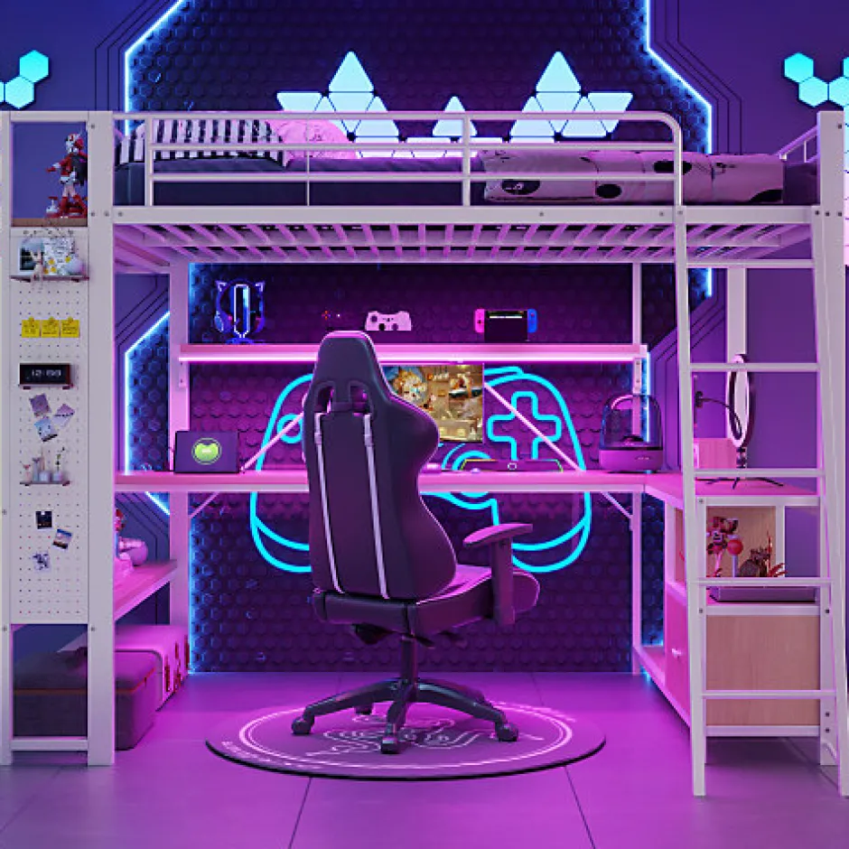 ModernLuxe Lit mezzanine 140x200cm - structure en fer - bureau avec étagère - LED - port USB - blanc (matelas non inclus)