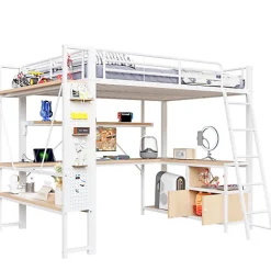 ModernLuxe Lit mezzanine 140x200cm - structure en fer - bureau avec étagère - LED - port USB - blanc (matelas non inclus)