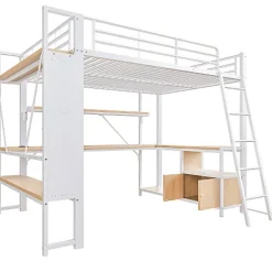 ModernLuxe Lit mezzanine 140x200cm - structure en fer - bureau avec étagère - LED - port USB - blanc (matelas non inclus)