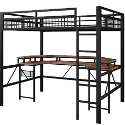 ModernLuxe Lit mezzanine 140x200cm - structure en fer - bureau intégré - LED - USB et prise - noir (matelas non inclus) Sale
