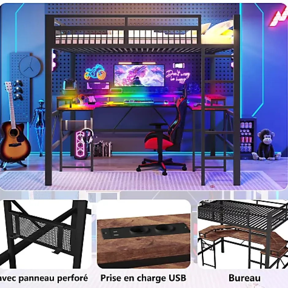 ModernLuxe Lit mezzanine 140x200cm - structure en fer - bureau intégré - LED - USB et prise - noir (matelas non inclus) Sale