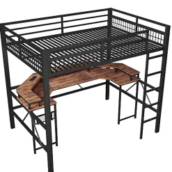 ModernLuxe Lit mezzanine 140x200cm - structure en fer - bureau intégré - LED - USB et prise - noir (matelas non inclus) Sale