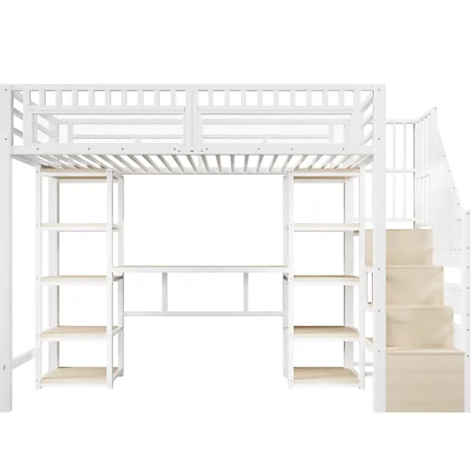 ModernLuxe Lit mezzanine 90x200cm - structure en fer - échelle de rangement - bureau - LED - USB - blanc (matelas non inclus) Hot