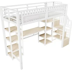ModernLuxe Lit mezzanine 90x200cm - structure en fer - échelle de rangement - bureau - LED - USB - blanc (matelas non inclus) Hot